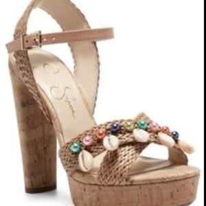 Jessica Simpson Tan Sandals with Colorful Embellishments. 5in heels